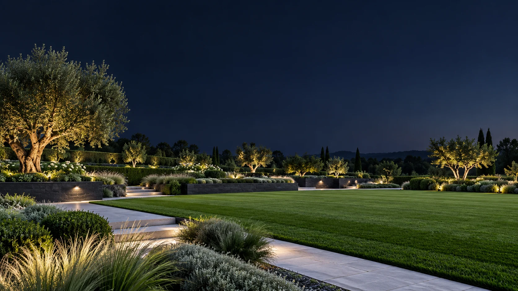 An evening landscape with precise lawn edges, illuminated stone paths and sculptural planting