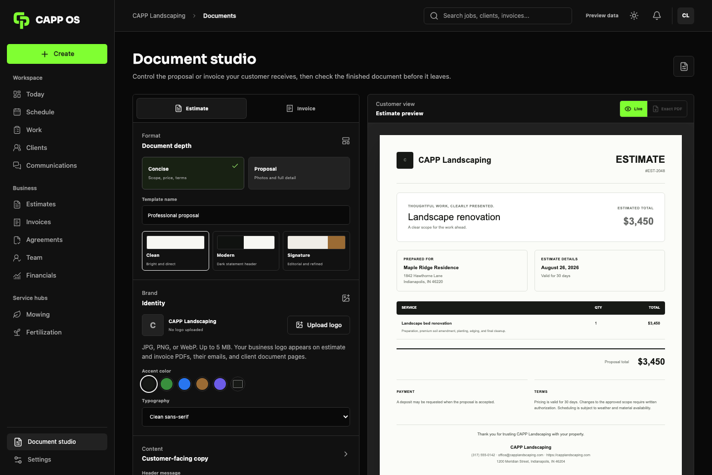 Business logo, typography, color, and proposal controls in CAPP OS Document Studio