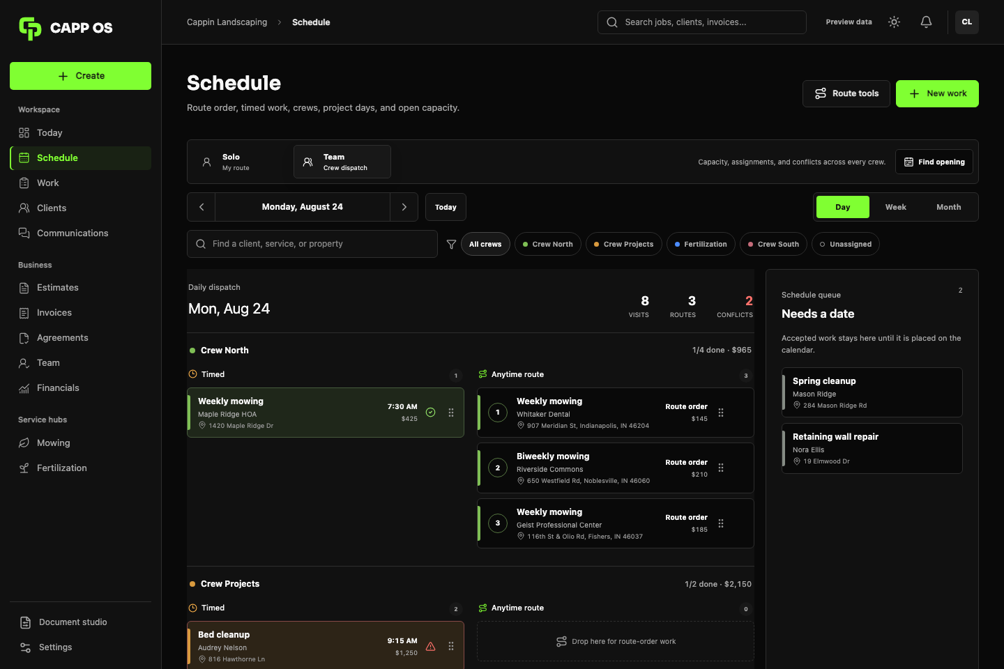 CAPP OS schedule showing separate crew lanes, timed jobs, route-order stops, and work awaiting a date